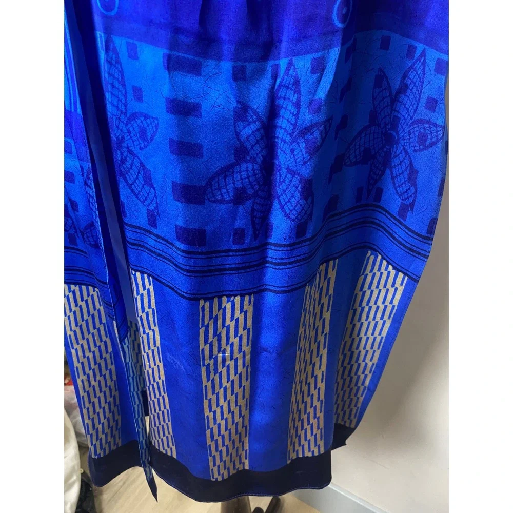 Vintage Blue Silk Scarf Geometric Floral Pattern Rectangular Wrap Shawl